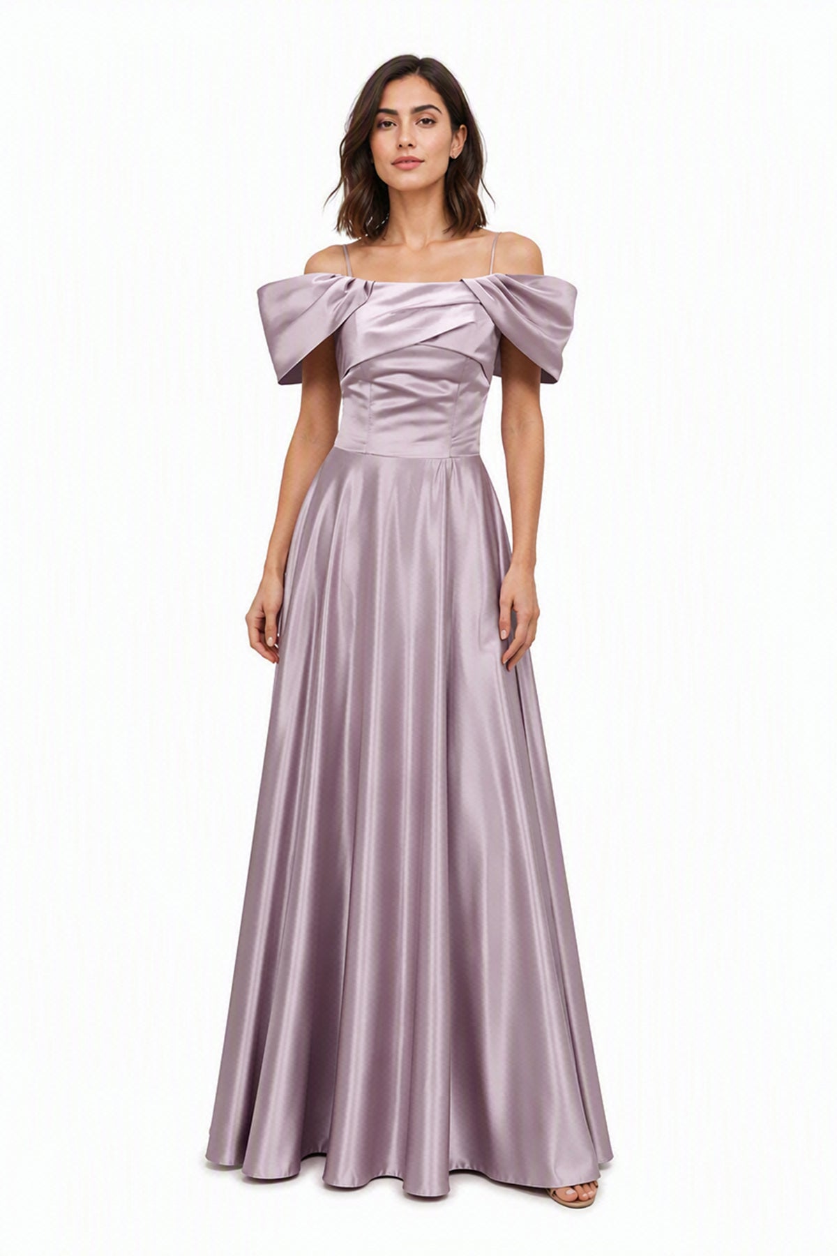 Vestito Lungo Satin Spalline Sottili a Spalla Scoperta, Abito Elegante Donna da Cerimonia con Busto Arricciato e Gonna Ampia -5