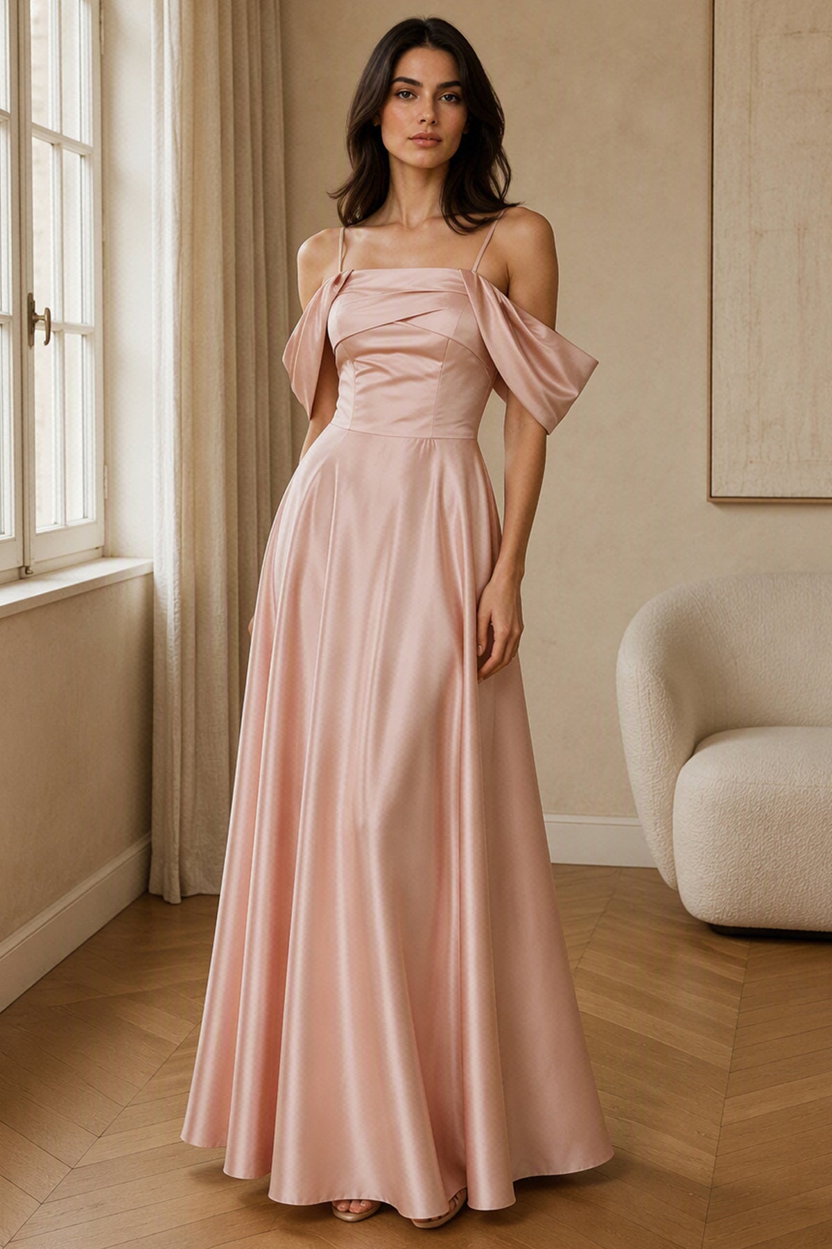 Vestito Lungo Satin Spalline Sottili a Spalla Scoperta, Abito Elegante Donna da Cerimonia con Busto Arricciato e Gonna Ampia -1