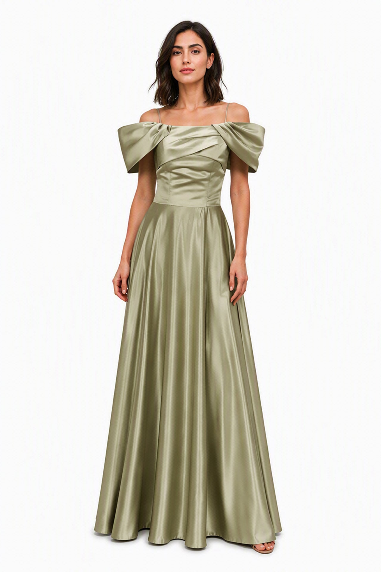 Vestito Lungo Satin Spalline Sottili a Spalla Scoperta, Abito Elegante Donna da Cerimonia con Busto Arricciato e Gonna Ampia -6
