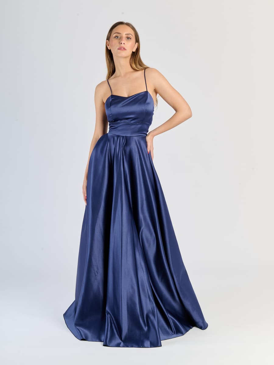 Vestito Blu scuro elegante con gonna ampia e fasce decorativas sul busto
