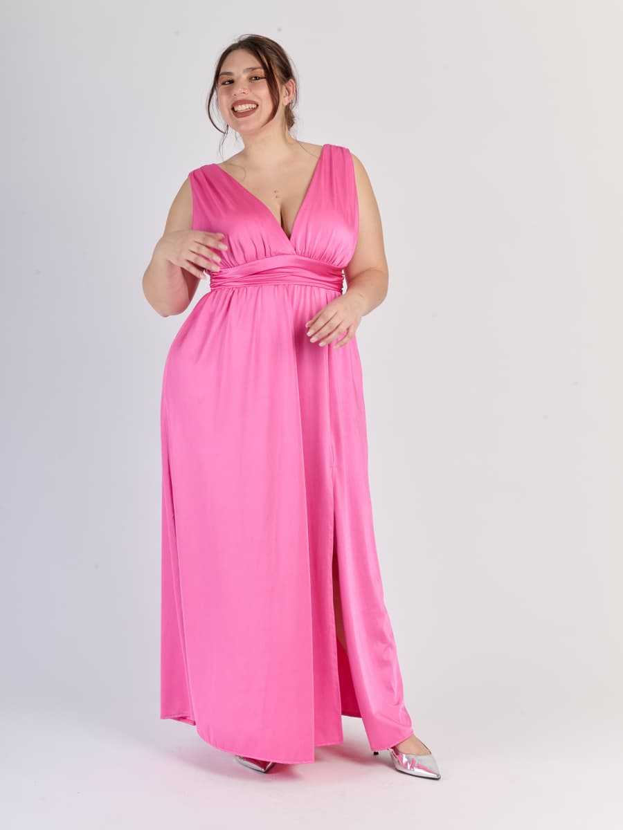 Vestito Fuxia con silhouette aderente e scollo a V, ideale per eventi formali