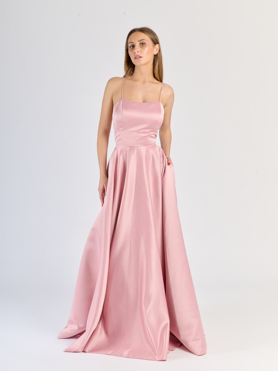 Vestito Rosa elegante con gonna ampia e dettagli di raso lucido