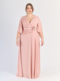 Vestito Rosa Antico plus size, gonna ampia, stile avvolgente