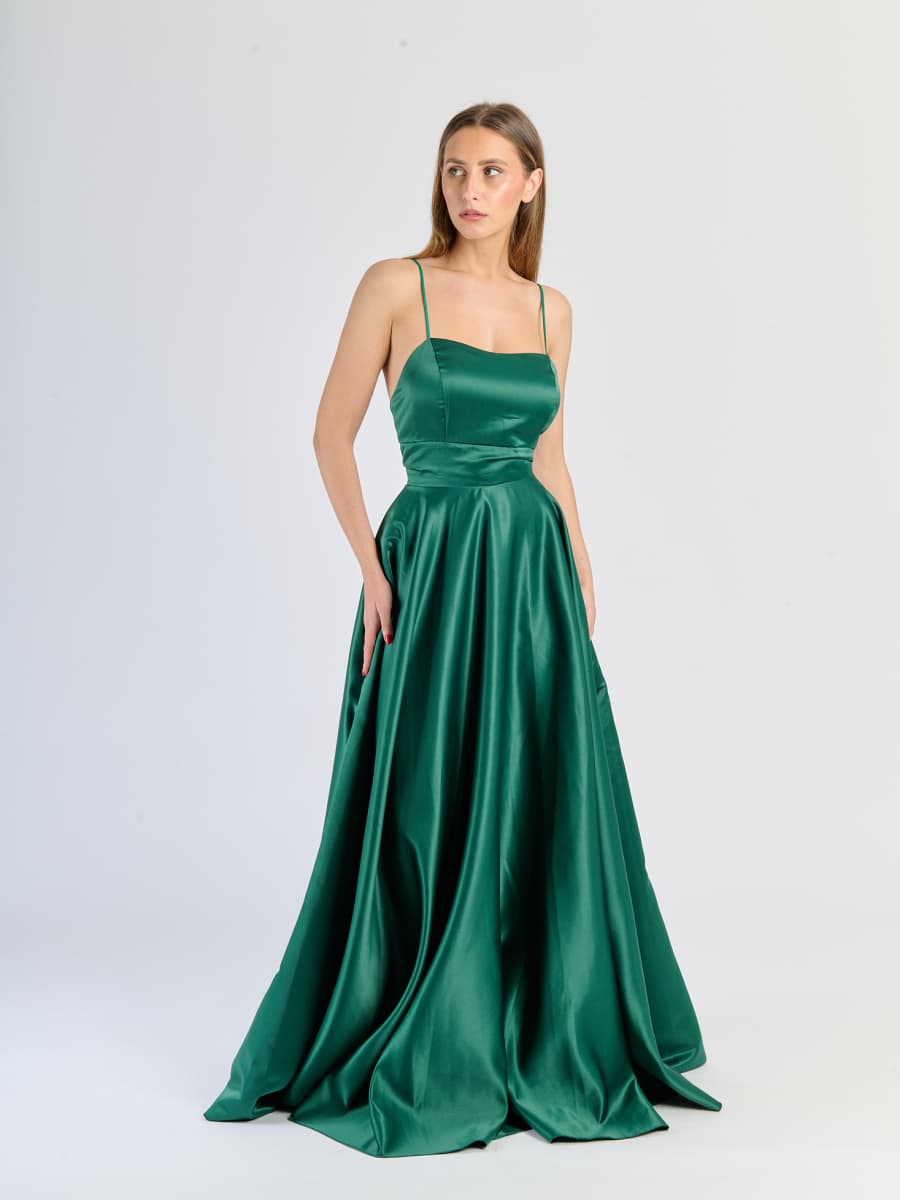 Vestito Verde.S elegante con gonna ampia e fasce decorativas sul busto