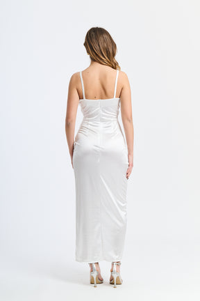 Vestito bianco elegante, decolleté profondo, aperto laterale, per cerimonie