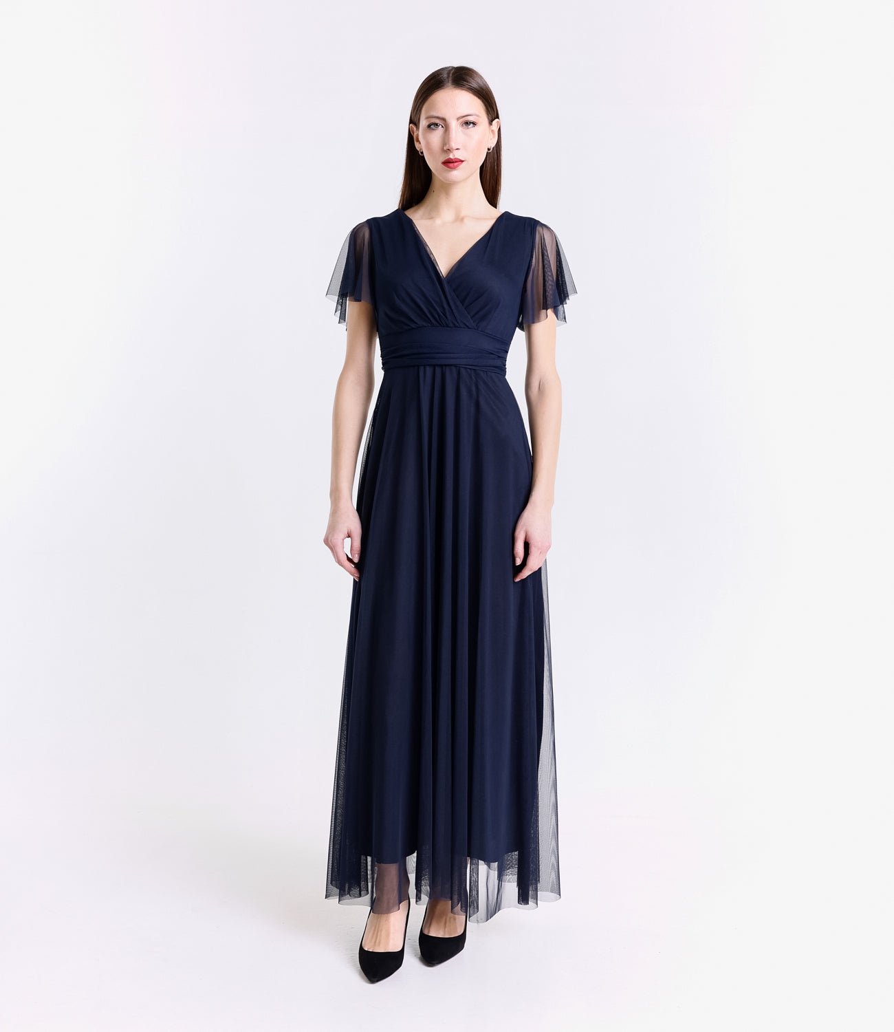 Vestito blu scuro fluido, waist cinto, lunghezza maxi, per serate notturne