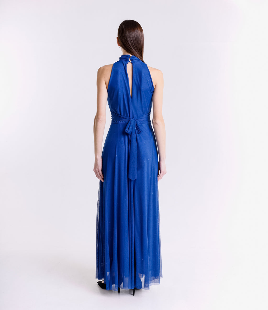 Vestito bluette con puzzo e frange anteriori, aspetto giocoso per feste.