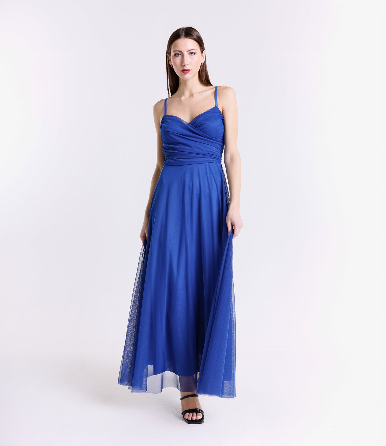 Vestito bluette in tulle, spalline sottili, colore pastello