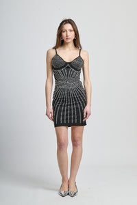 Vestito bodycon nero decorato con pietre scintillanti e design avvolgente