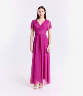 Vestito ciliegio fluido, waist cinto, lunghezza maxi, per eventi romantici