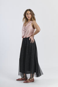 Vestito con gonna nero-argento scintillante e top senza spalline