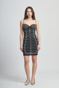 Vestito corto con strass, taglio aderente, spalline sottili, per serate notturne