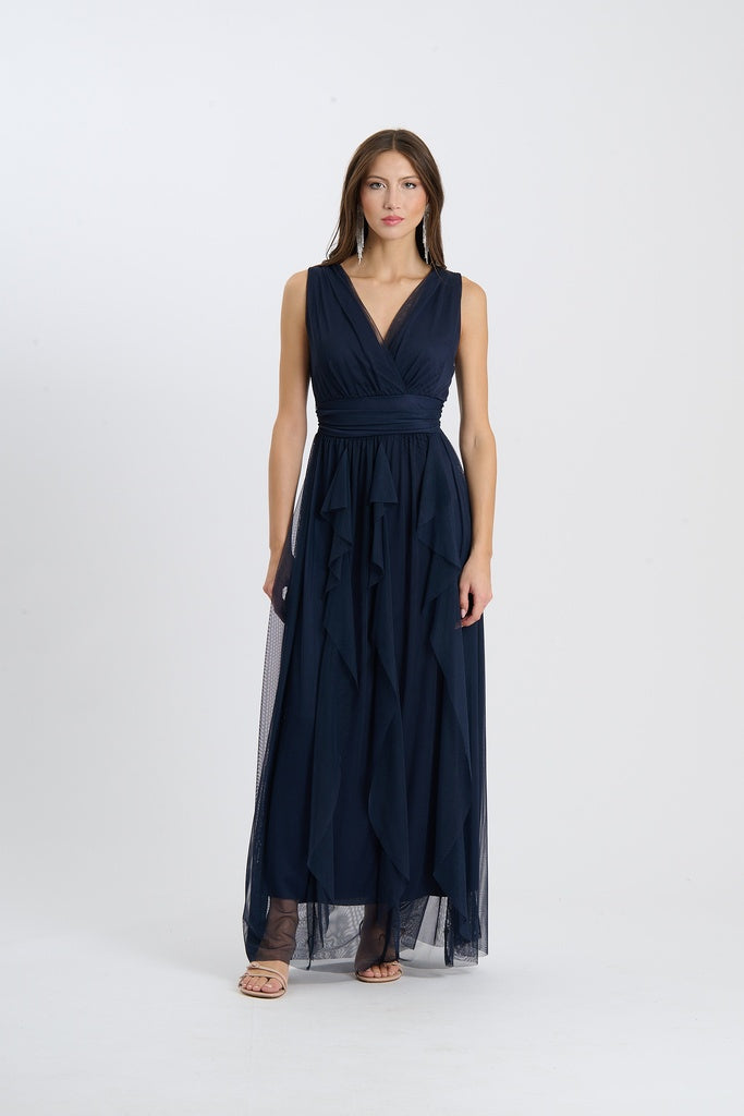 Vestito da festa di colore navy, taglia unica, stile senza spalline, scollatura a V incrociata per un look raffinato e timeless.