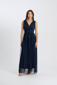 Vestito da festa di colore navy, taglia unica, stile senza spalline, scollatura a V incrociata per un look raffinato e timeless.