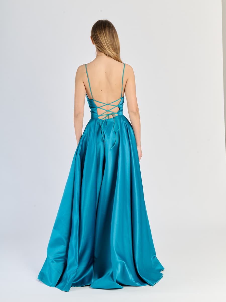 Vestito da sera Ottanio in raso, spalline sottili e gonna dritta