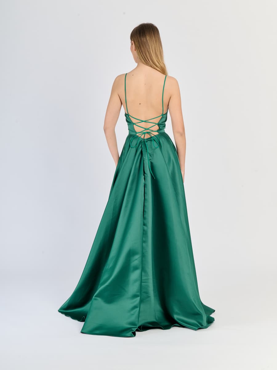 Vestito da sera Verde.S in raso, spalline sottili e gonna dritta