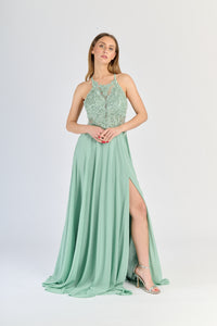 Vestito formale Salvia: pizzo intricato, gonna in chiffon e apertura laterale