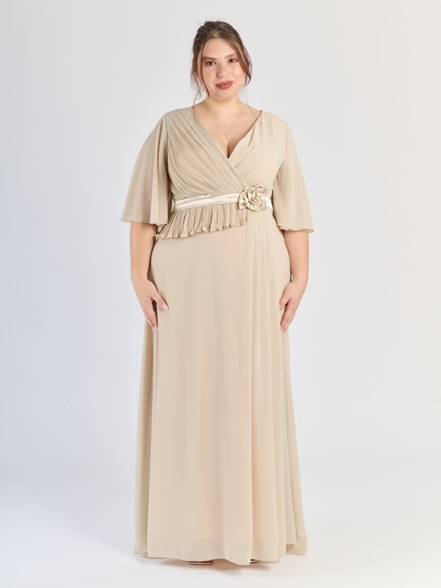 Vestito formale beige, taglia unica, maniche ampie e drappaggi