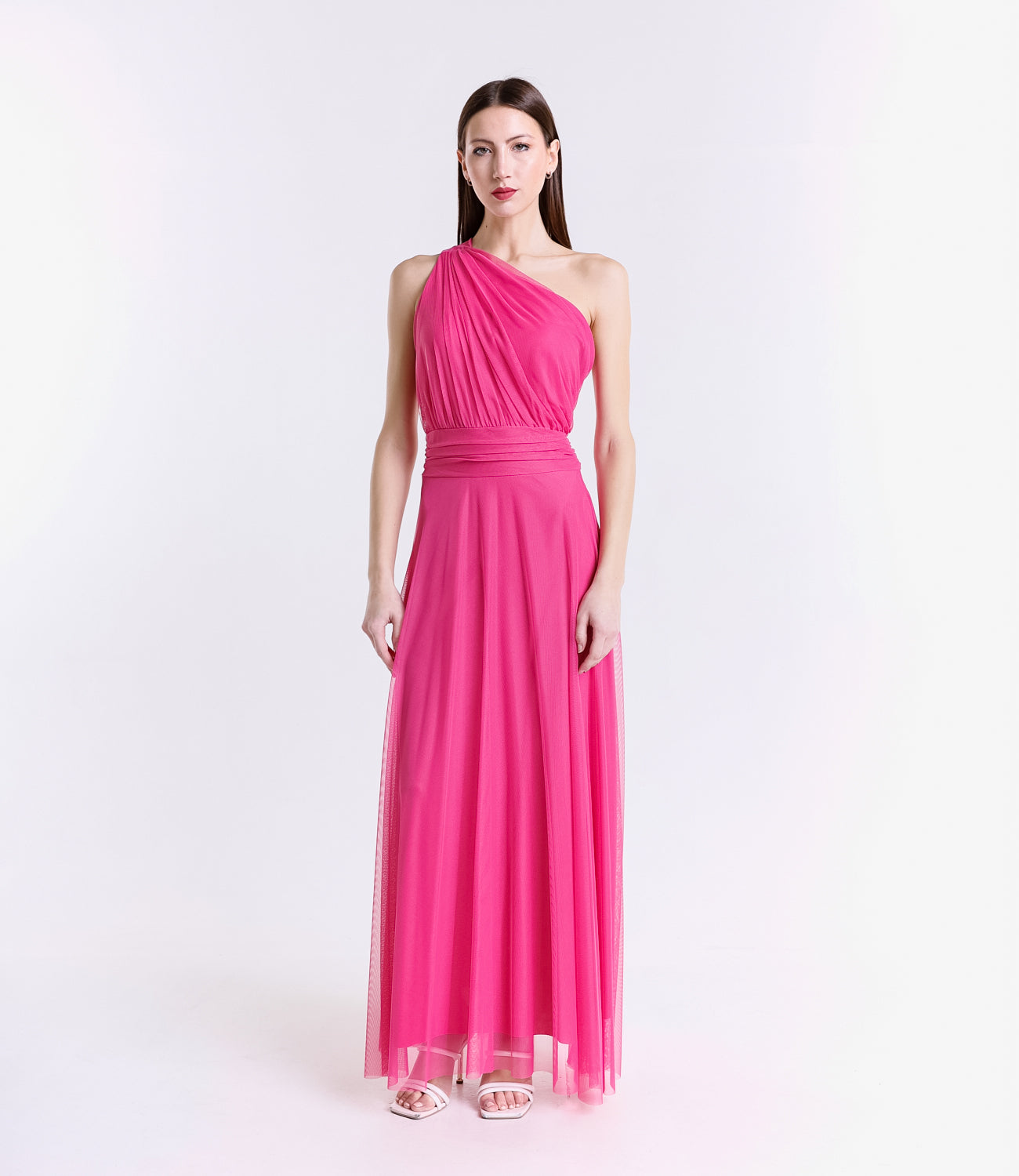 Vestito formale lilla, design senza spalline con drappeggi laterali e apertura leggera