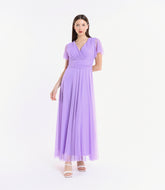 Vestito lilla fluido, waist cinto, lunghezza maxi, per eventi romantici
