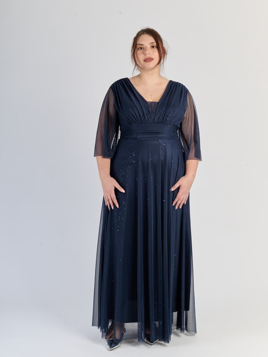 Vestito navy elegante, in tulle, con maniche chiffon e vita snodata, un blu  perfetto.