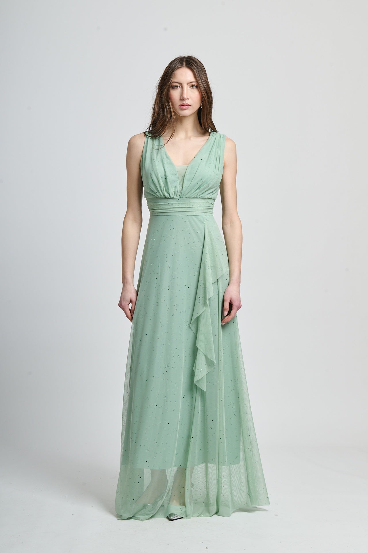 Vestito salvia trasparente, stile elegante e delicato