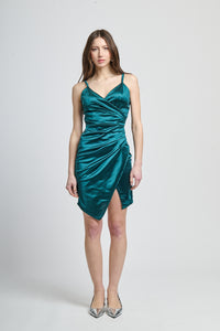 Vestito verde.S lucido, ruches decorativa, apertura laterale, stile rinfrescante
