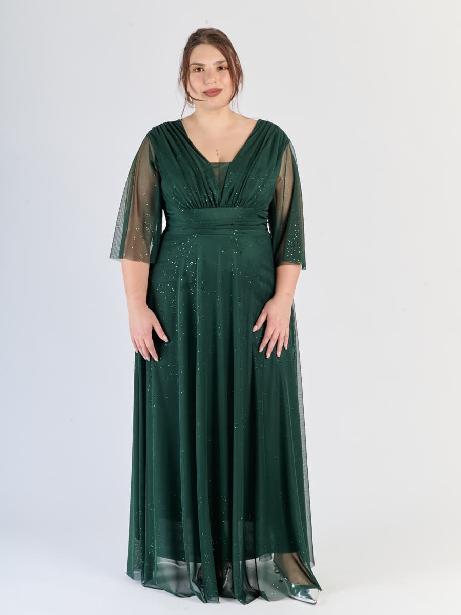 Vestito verde.S fluido in tulle, fascia sulla vita e maniche semi - trasparenti, energiaverde pura