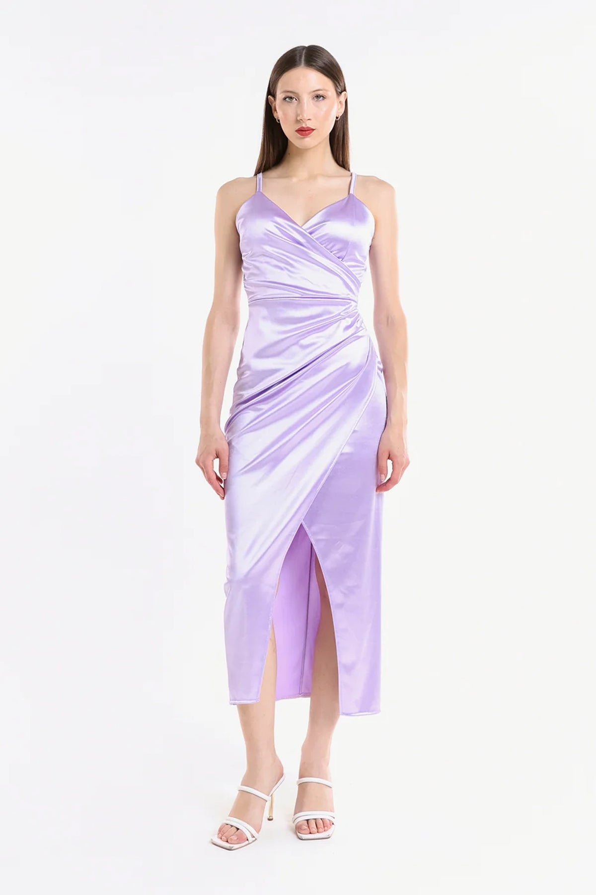Vestito lungo in raso drappeggiato Aurora -10