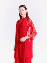 Outfit rosso: abito maxi e mantello coordinato in chiffon, charme rubino