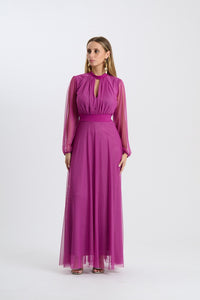 Abito lungo da cerimonia “Lavinia” con maniche in tulle e scollo a goccia