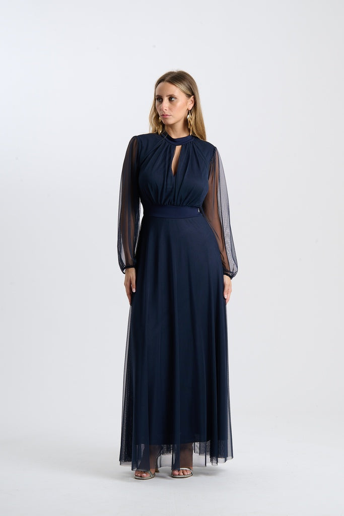 Abito lungo da cerimonia “Lavinia” con maniche in tulle e scollo a goccia