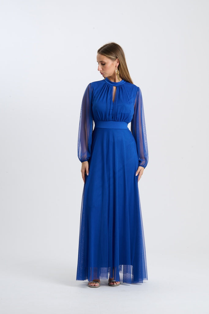 Abito lungo da cerimonia “Lavinia” con maniche in tulle e scollo a goccia