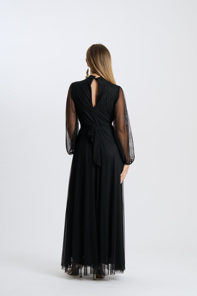 Abito lungo da cerimonia “Lavinia” con maniche in tulle e scollo a goccia