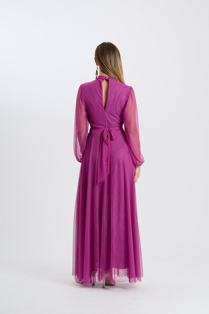 Abito lungo da cerimonia “Lavinia” con maniche in tulle e scollo a goccia