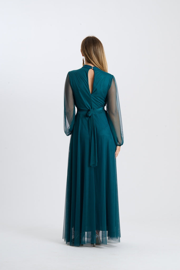 Abito lungo da cerimonia “Lavinia” con maniche in tulle e scollo a goccia