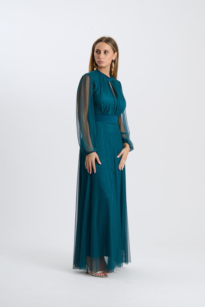 Abito lungo da cerimonia “Lavinia” con maniche in tulle e scollo a goccia