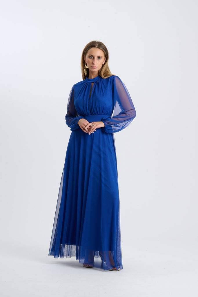 Abito lungo da cerimonia “Lavinia” con maniche in tulle e scollo a goccia