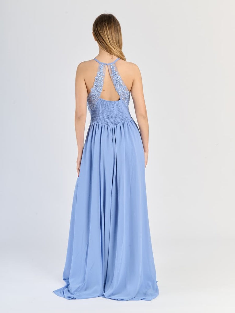 Abito Lungo da Cerimonia con Corpino in Pizzo e Spacco Laterale "Edera"