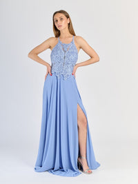 Abito Lungo da Cerimonia con Corpino in Pizzo e Spacco Laterale "Edera"