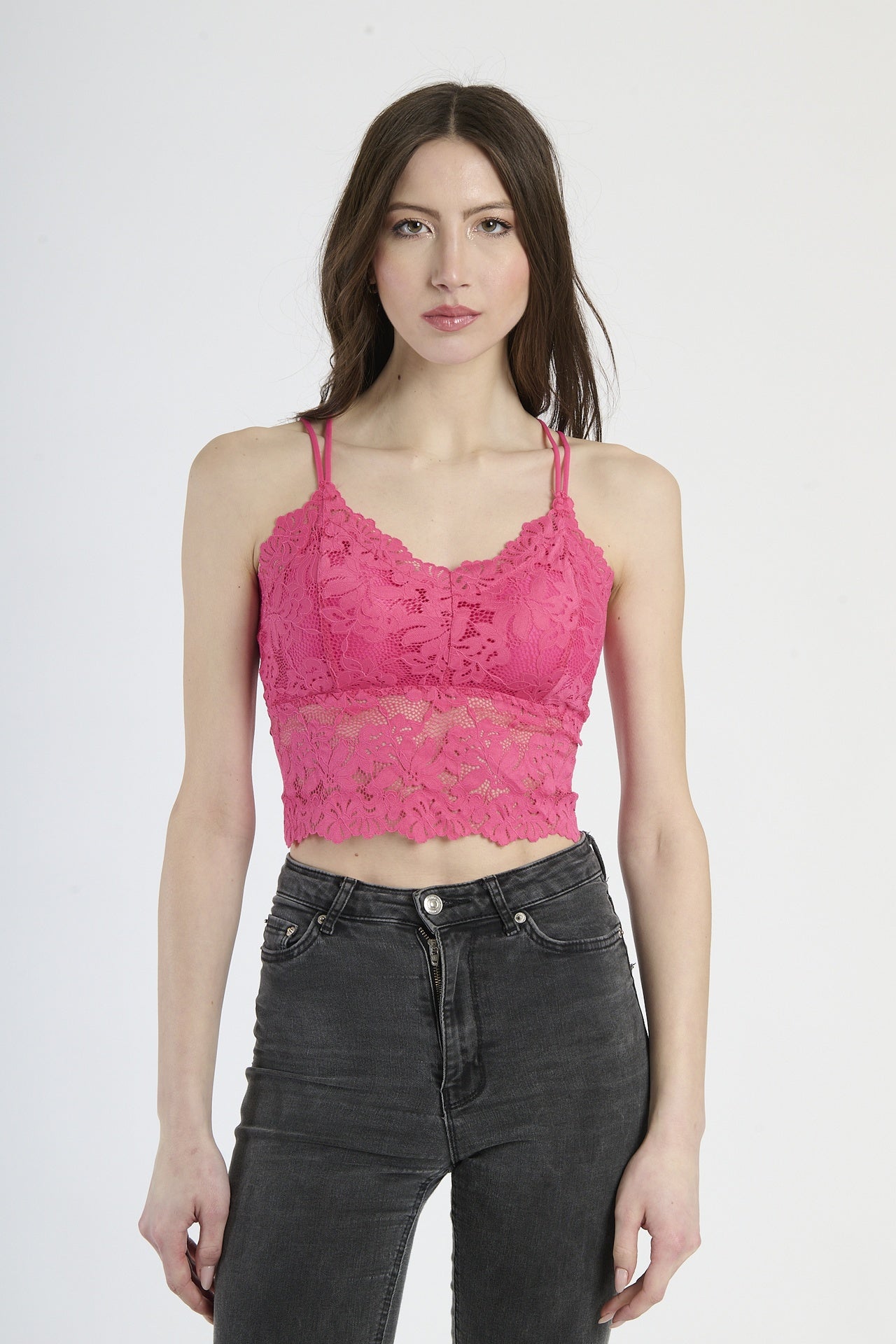 Canotta a bretelle sottili in pizzo fuxia, stile avventuroso