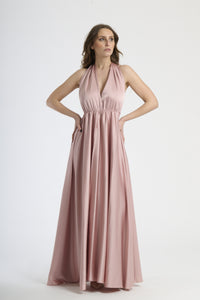 Abito maxi rosa antico, design fluido con coulisse al fianco