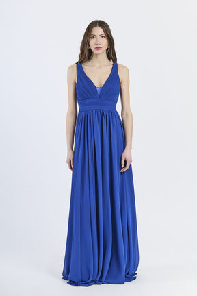Abito da cerimonia bluette con scollo a V e tessuto trasparente leggero