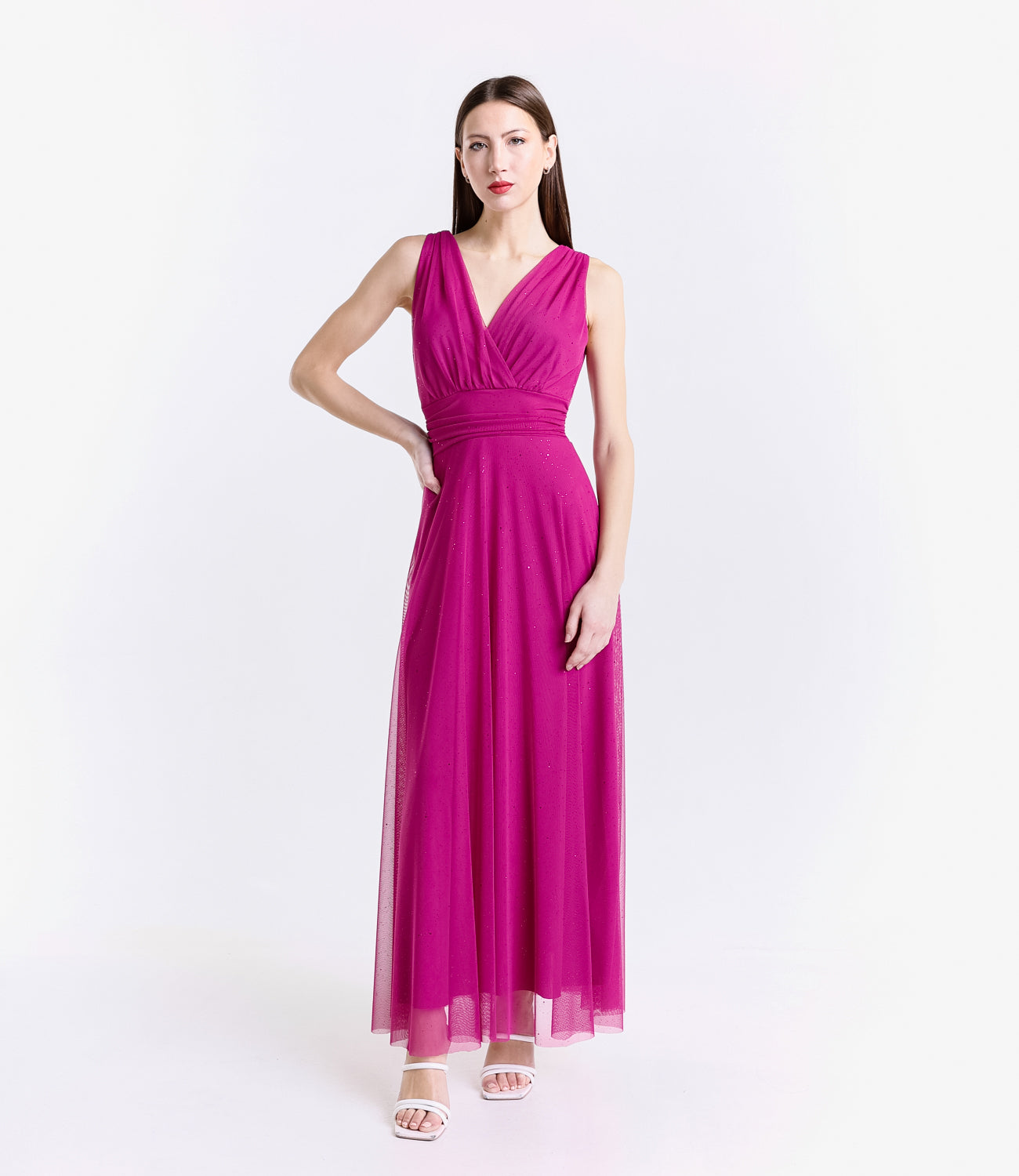 Abito lungo ciliegio senza spalline,romantico e avvolgente