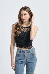 Canotta di moda nera, tessuto traslucido con motivo intricato