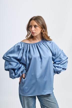 Blusa jeans a spalla nuda, maniche ruffle, taglio oversize, stile casual