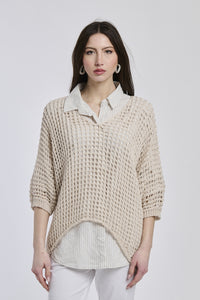 Maglione beige in misto lana, colletto e finitura rassicurante