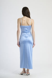 Abito elegante azzurro, taglio dritto con drappeggio e scollatura a fascia