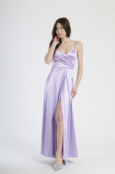 Vestito formale salvia, design senza spalline con drappeggi laterali e apertura leggera