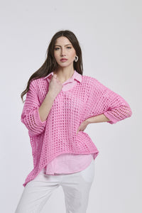 Maglione rosa baby a maglia a rete con colletto e maniche a 3/4